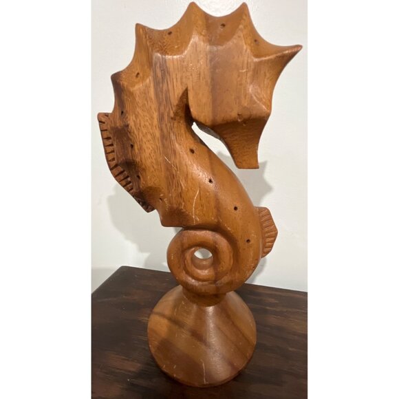 VTG MCM Hand-Carved Wooden Seahorse Toothpick Holder Appetizer Monkey Pod Wood - Picture 3 of 9